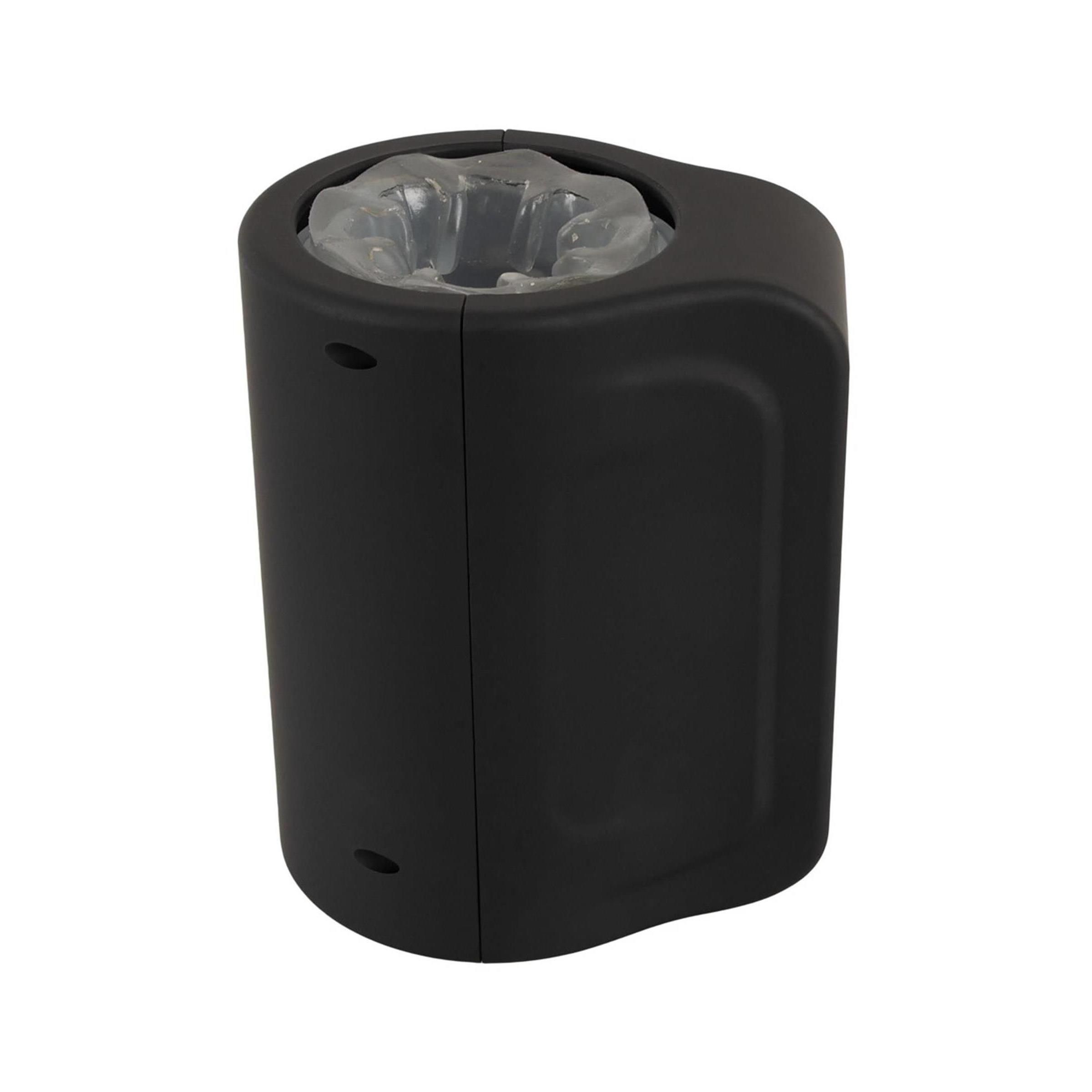 Schwarzes, zylindrisches Gerät mit transparentem Einsatz. Seitliche Aussparungen und abgerundete Form.