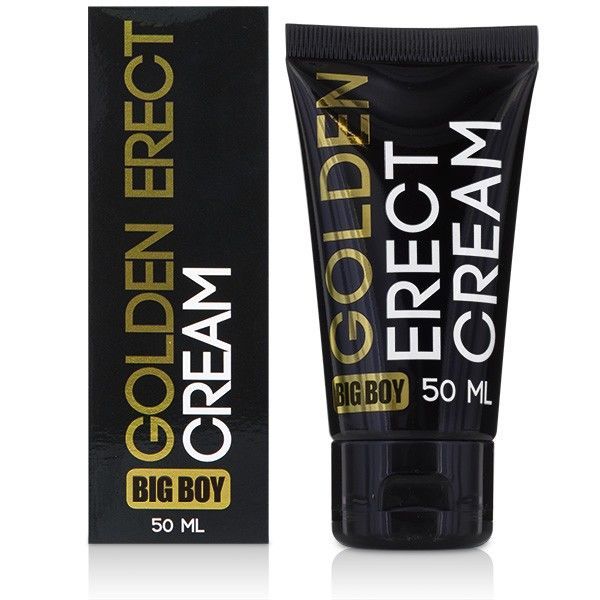 Schwarze Tube und Schachtel mit goldfarbenem Schriftzug "GOLDEN ERECT CREAM" und "BIG BOY". 50 ml.