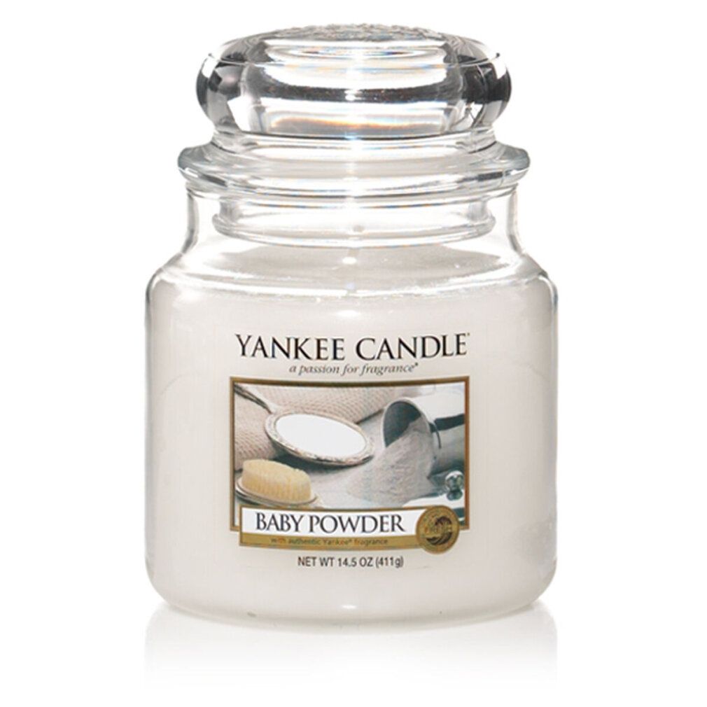 Yankee Candle Baby Powder Duftkerze im Glas mit Deckel. Etikett mit Produktbild. Gewicht: 411g.