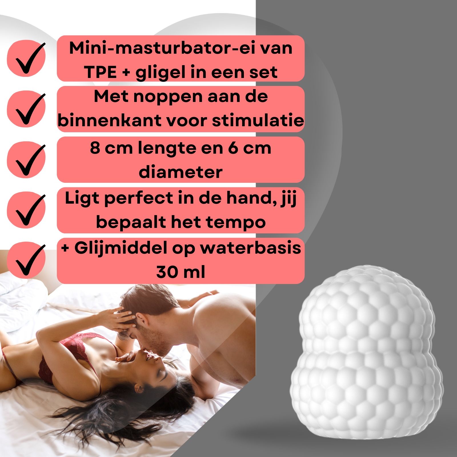 Mini-masturbator-ei, set met glijmiddel. Tekst met productkenmerken. Paar in bed.