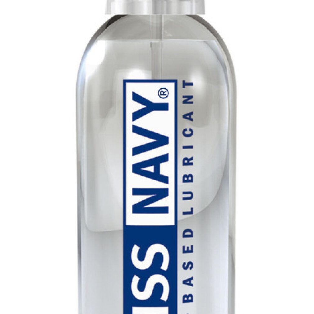 Nahaufnahme des Etiketts auf einer Flasche Swiss Navy Gleitmittel auf Wasserbasis.