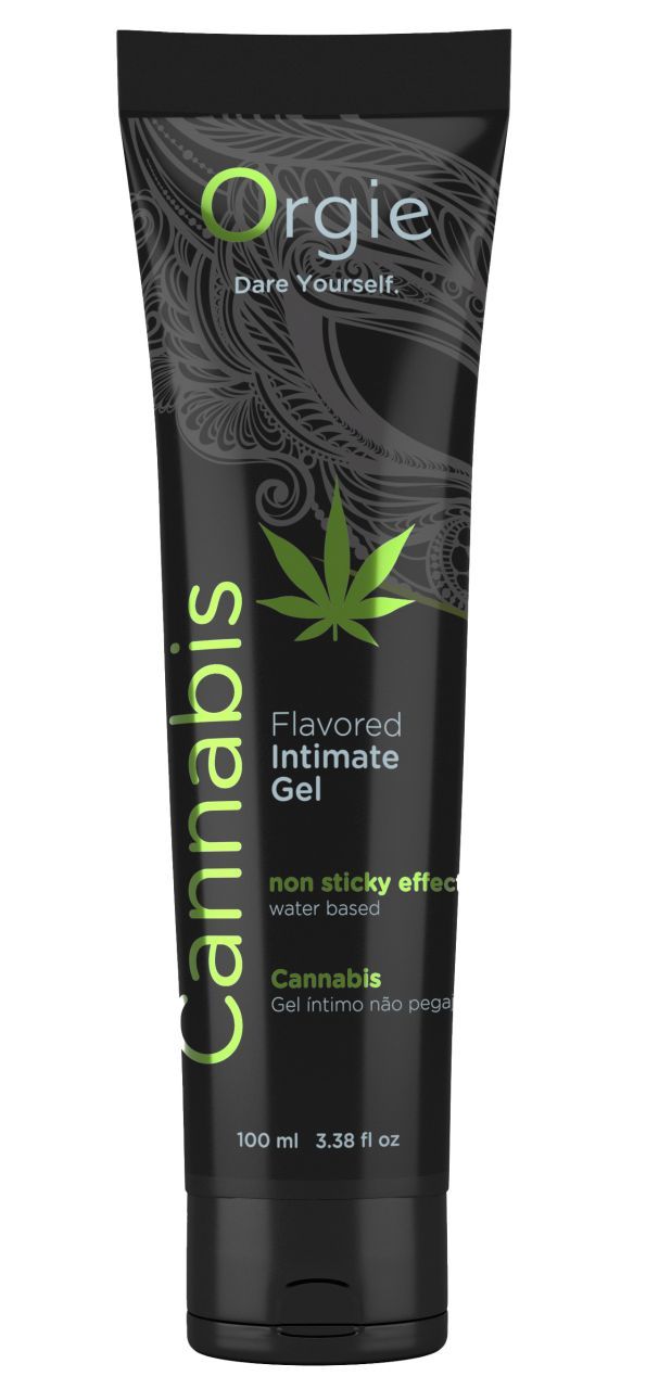 Schwarze Tube mit grünem Aufdruck. "Orgie" und "Cannabis" Schriftzug. Enthält ein Hanfblatt-Symbol. "Flavored Intimate Gel".