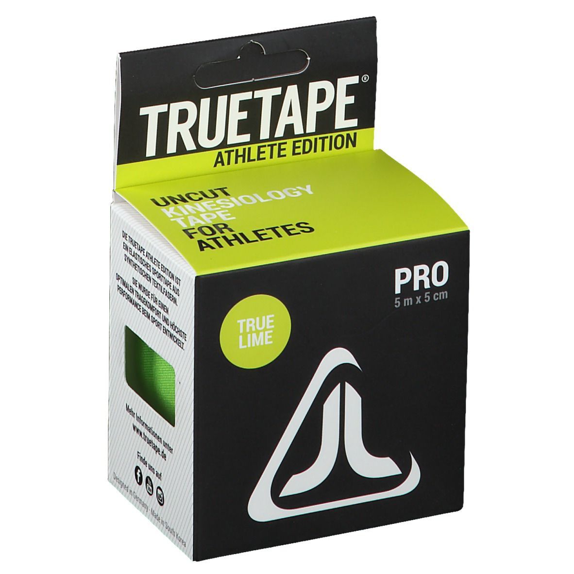 Verpackung von TRUETAPE® Kinesiotape Pro grün. Aufschrift: TRUE TAPE ATHLETE EDITION, UNCUT KINESIOLOGY TAPE FOR ATHLETES, PRO 5 m x 5 cm.