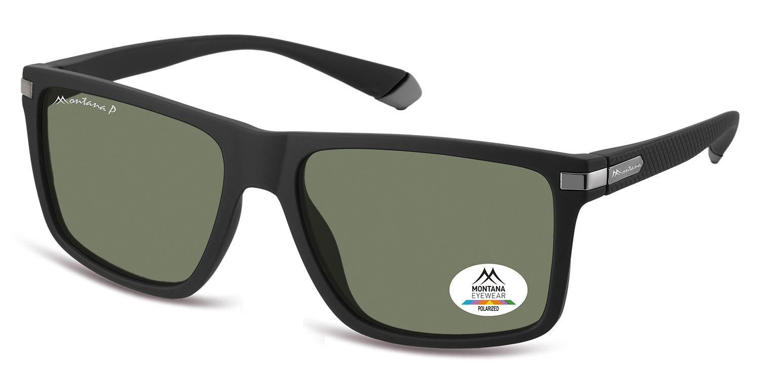 Schwarze Sonnenbrille mit rechteckigen Gläsern. Logo Montana Eyewear und Polarisations-Aufkleber. Bügel mit silbernen Akzenten.