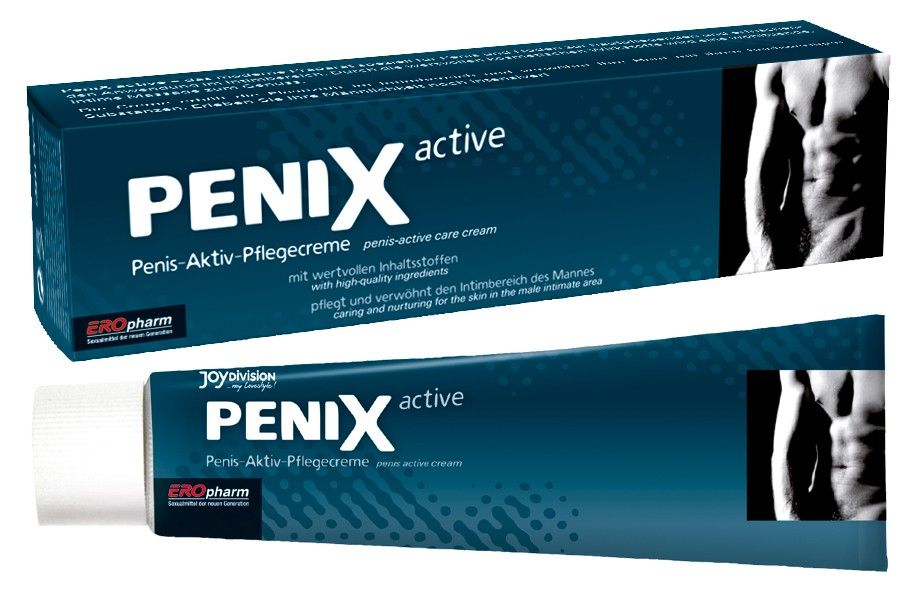 Blaue Tube mit weißem Verschluss. Produktname: PENIX active. Text: Penis-Aktiv-Pflegecreme. Logo und Abbildung eines Mannes.
