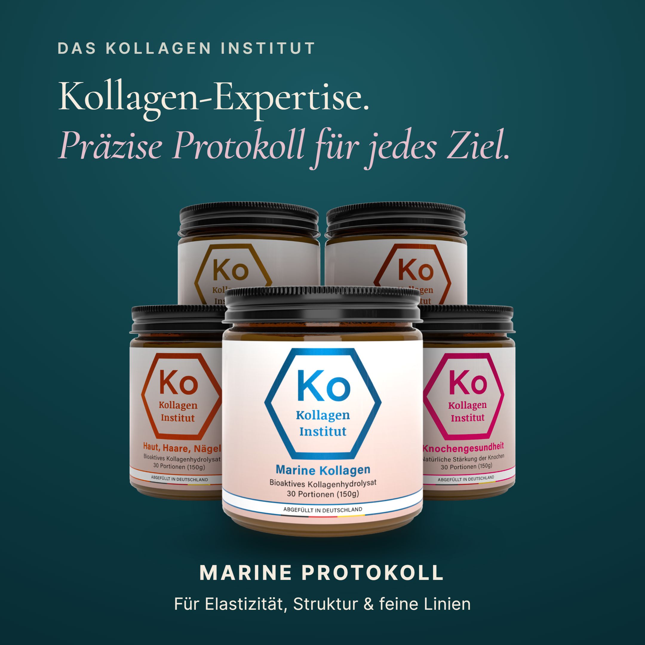 Fünf Gläser Kollagenpulver, eines davon mit blauem Logo. Text unten: Marine Protokoll für Elastizität.