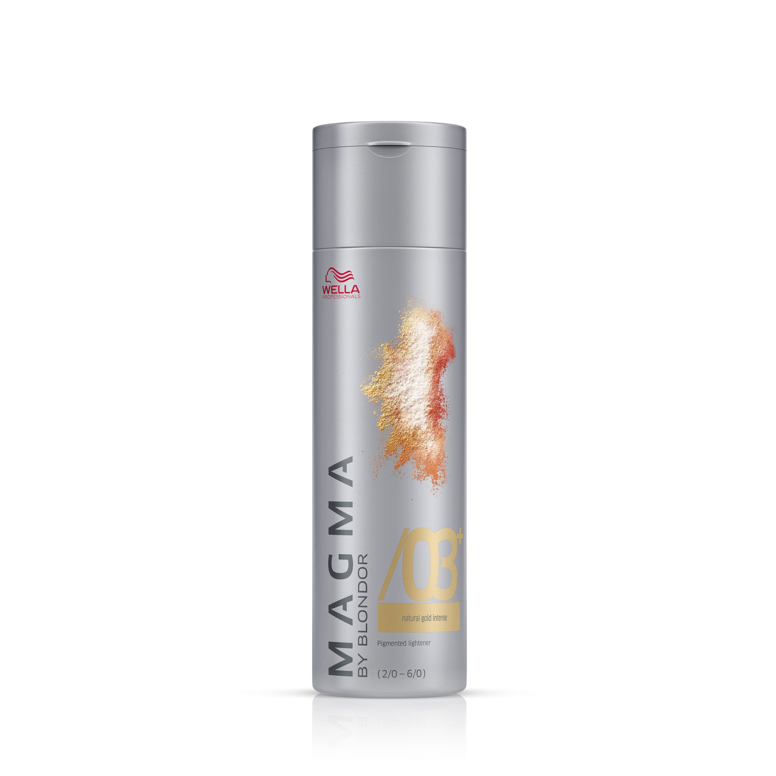 Silberne Flasche mit Wella-Logo und Aufschrift MAGMA BY BLONDOR. Farbcode /03 Naturgold intensiv. Abbildung von Farbpigmenten.