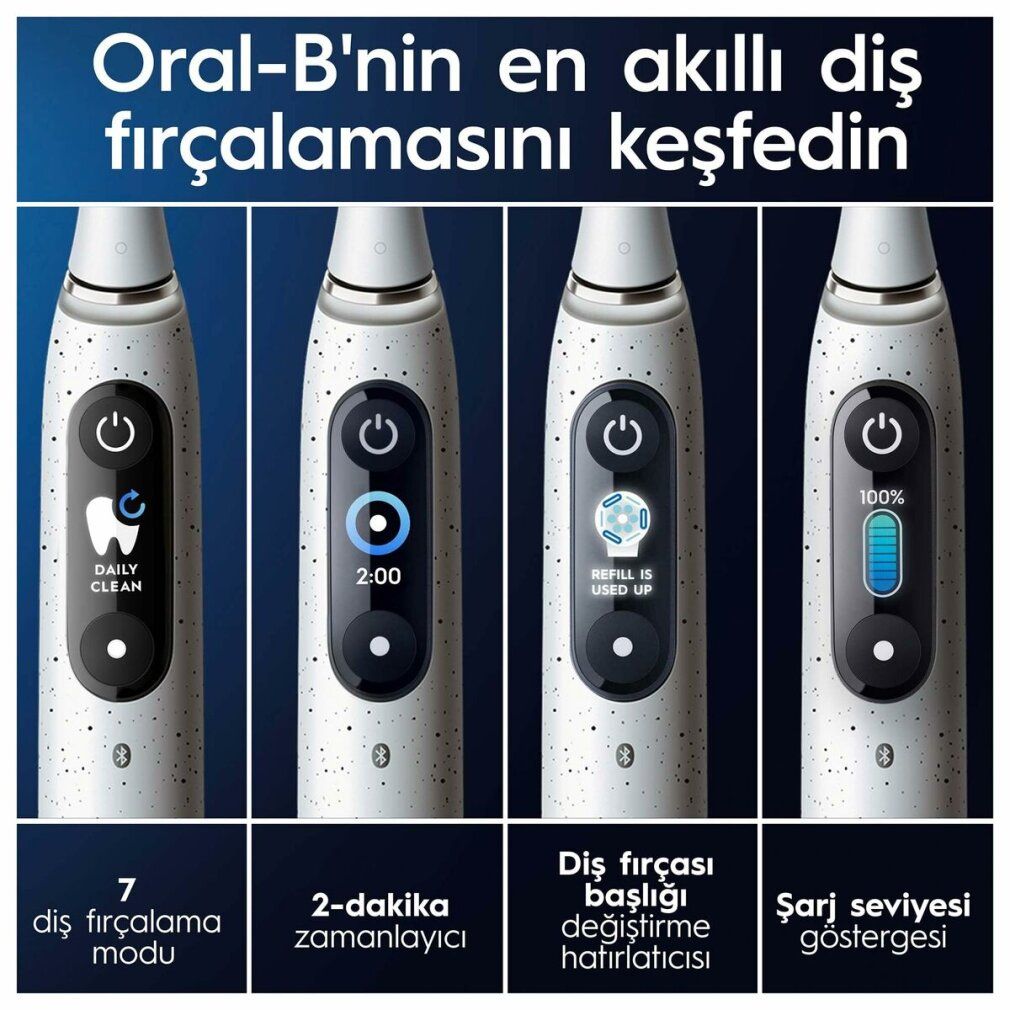 Nahaufnahme der Zahnbürste. Verschiedene Modi werden auf dem Display angezeigt. Oral-B iO.