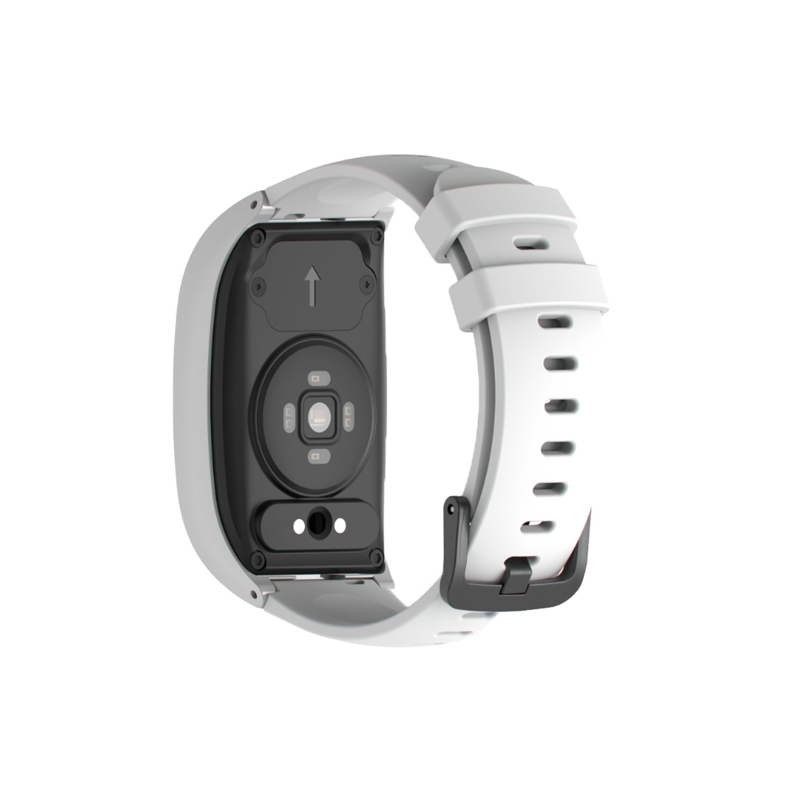 Rückseite der Smartwatch. Sensoren, Ladekontakte und Pfeil. Weisses Armband, graues Gehäuse.