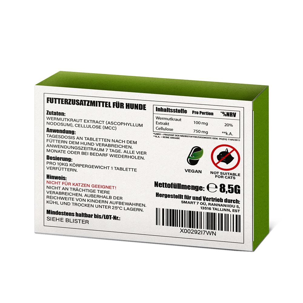 Rückseite der Wurmixit-Verpackung. Enthält Inhaltsstoffe, Dosierungshinweise und Warnhinweise. Vegan-Siegel, nicht für Katzen.