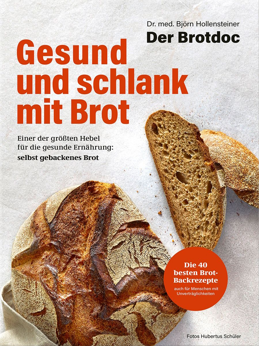 Buchcover: "Gesund und schlank mit Brot". Titel in Rot. Brotlaibe und -scheiben. Autor: Dr. med. Björn Hollensteiner.