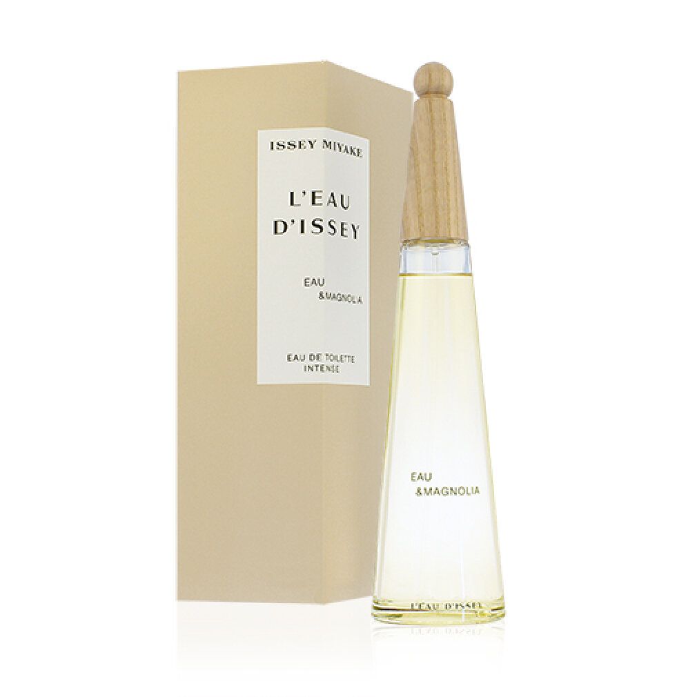 Parfümflakon und Verpackung. Aufschrift: Issey Miyake, L'Eau d'Issey, Eau & Magnolia.