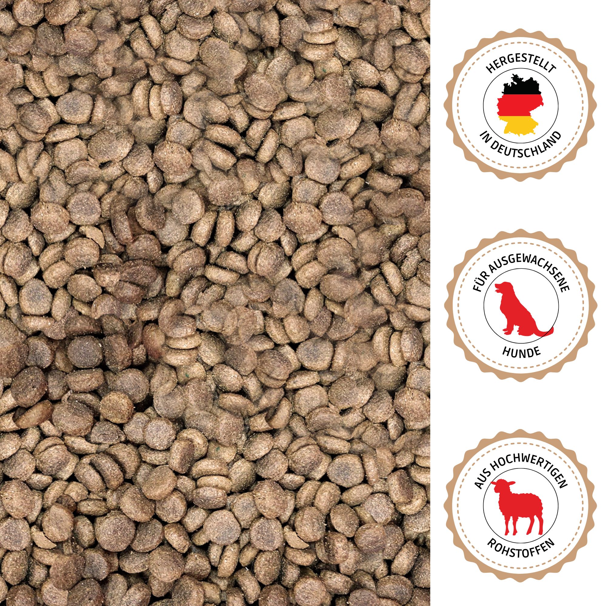 Trockenfutter-Kreise. Siegel: Hergestellt in Deutschland, Für ausgewachsene Hunde, Aus hochwertigen Rohstoffen.