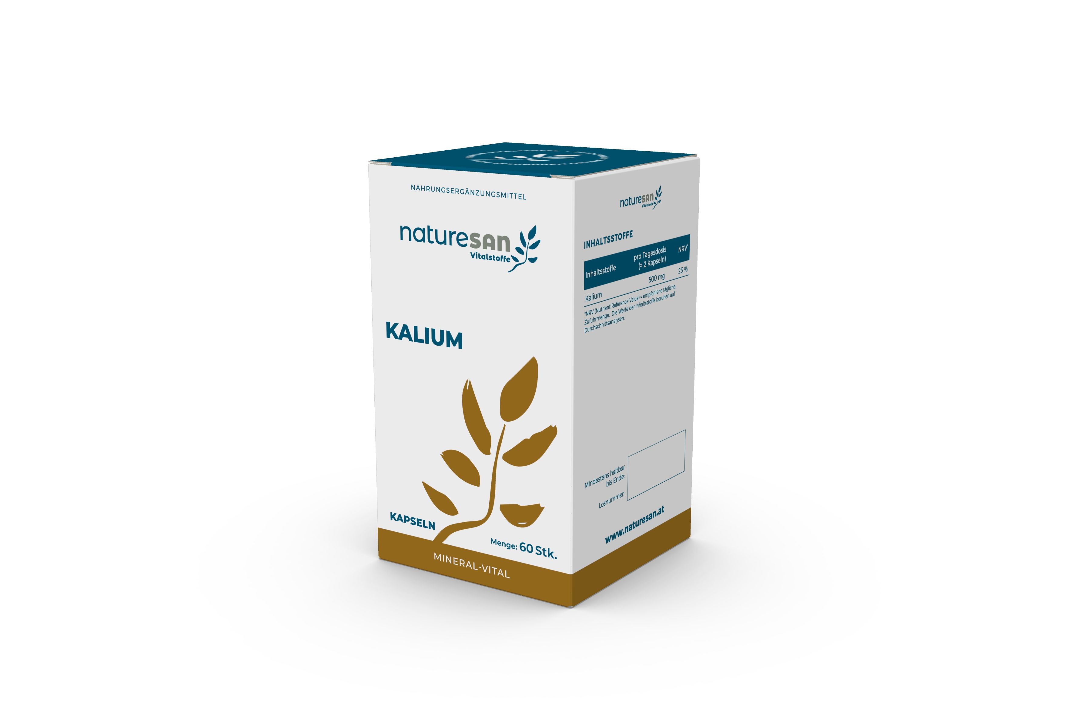 Karton mit Aufschrift Naturesan Kalium. Braunes Blattmotiv. 60 Kapseln. Mineral-Vital. Weiß-blauer Hintergrund.