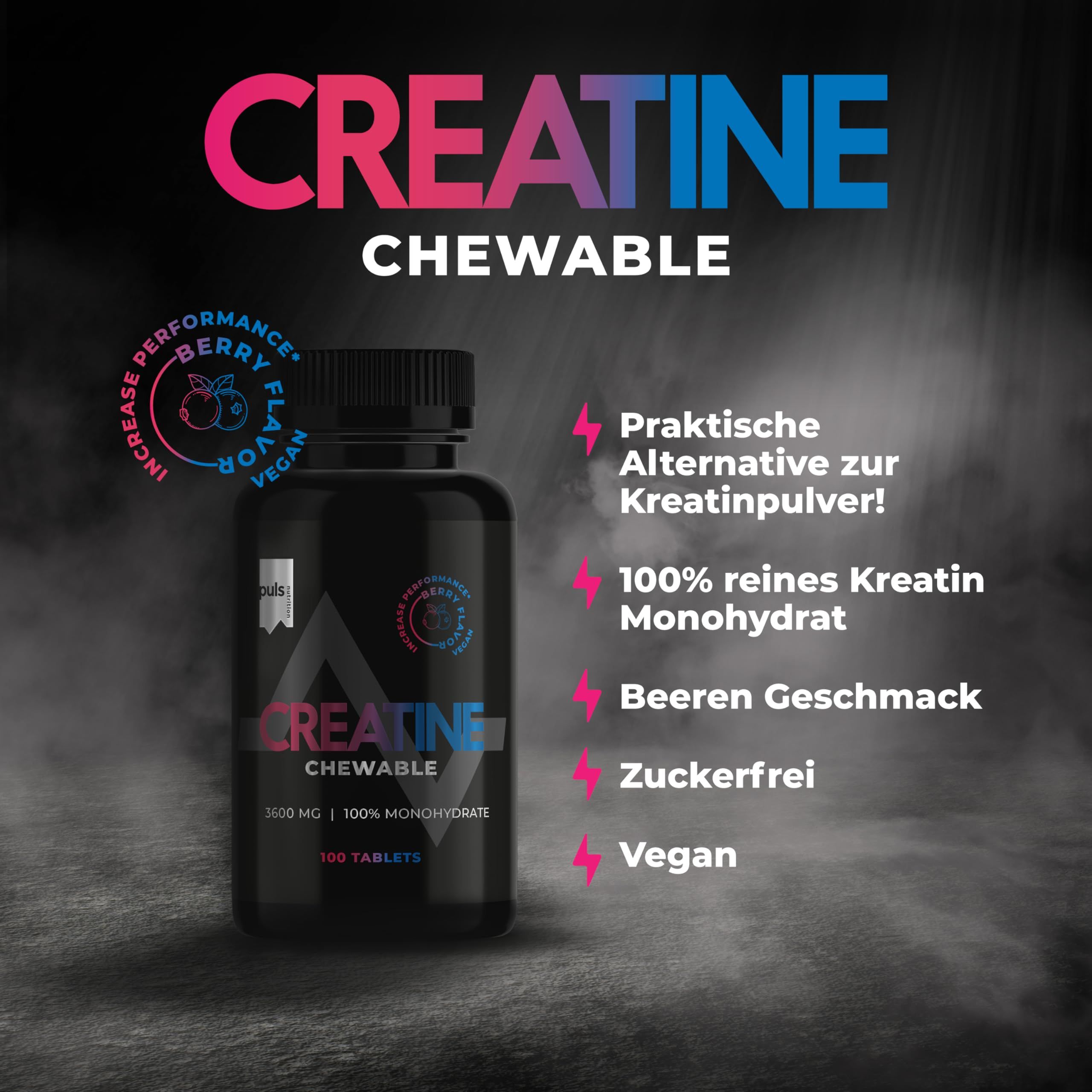 Schwarze Dose mit "Creatine Chewable" und Beeren-Geschmack. "Praktische Alternative zu Kreatinpulver" steht daneben.