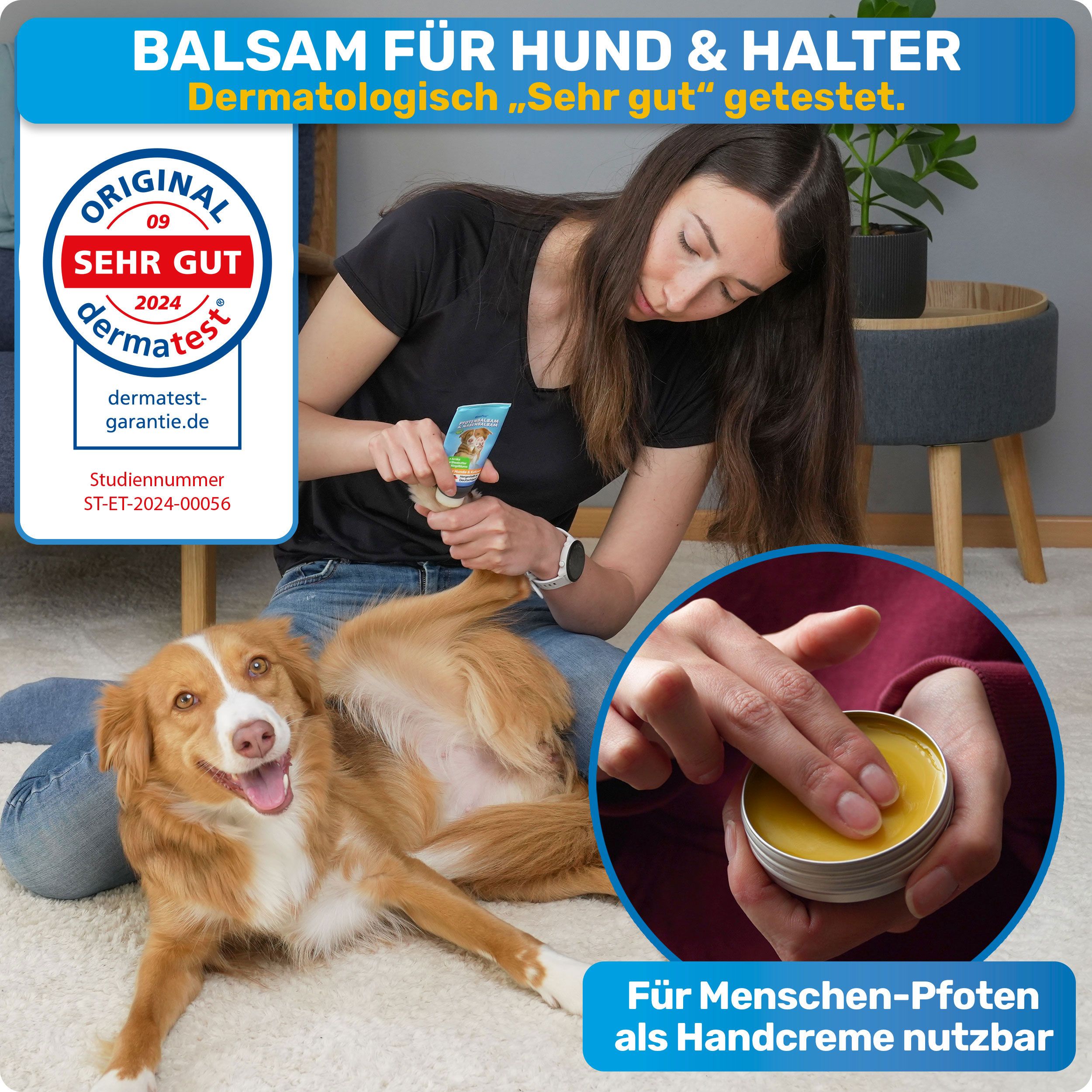Frau cremt Hundepfote ein. Dose mit gelbem Balsam. Text: Balsam für Hund & Halter, Dermatologisch getestet, Für Menschen als Handcreme nutzbar.