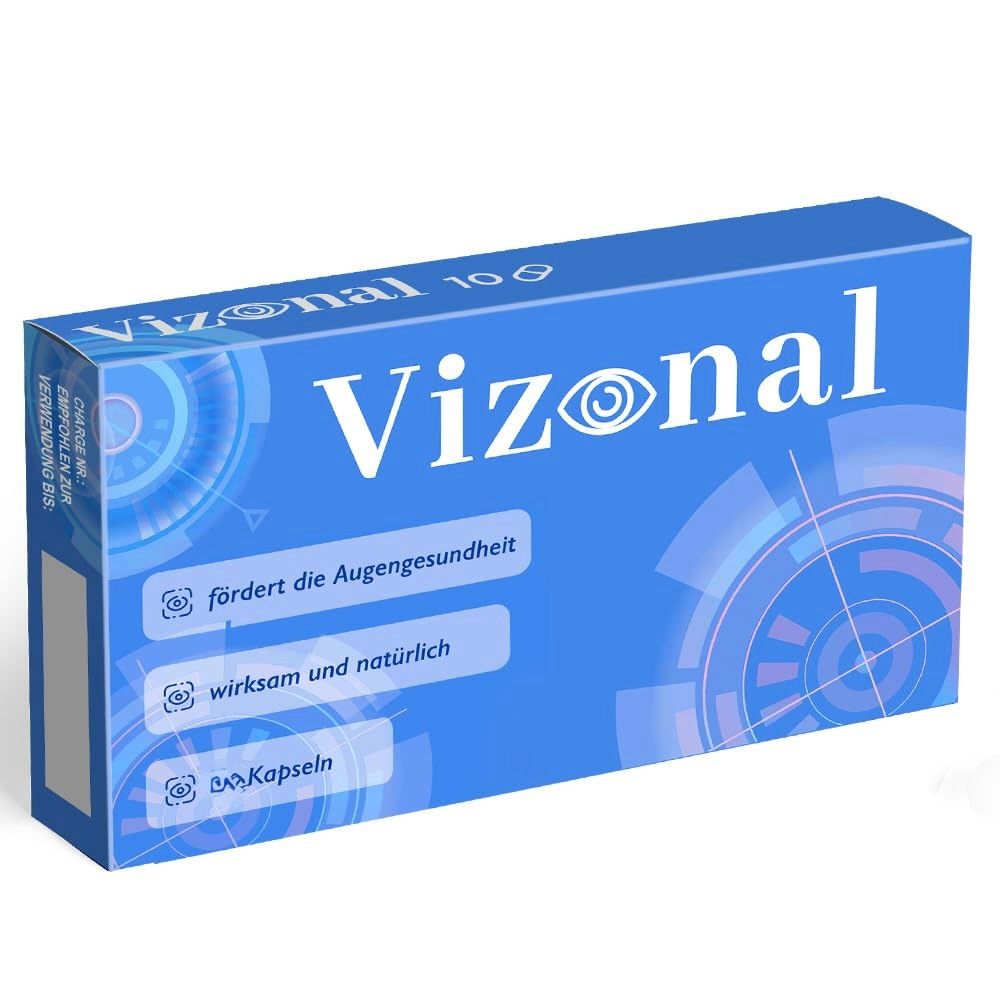 Blaue Schachtel mit "Vizonal"-Logo und Text. Enthält Informationen über die Förderung der Augengesundheit und Kapseln.