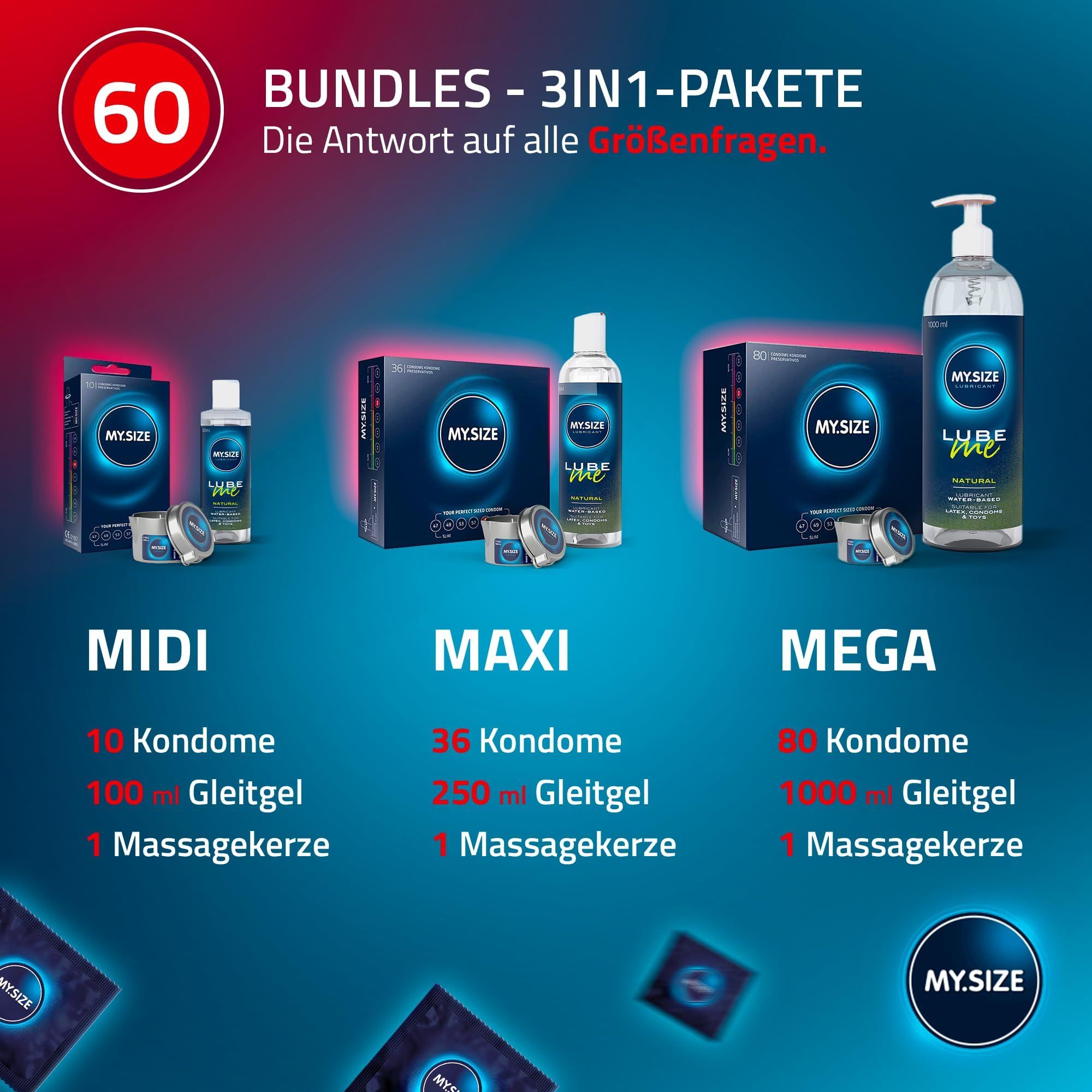 MY.SIZE Kondompackung mit 80 Kondomen, 60 mm Breite.