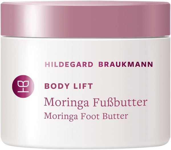 Weißer Tiegel mit rosa Deckel. Schriftzug: Hildegard Braukmann, Body Lift Moringa Fußbutter, Moringa Foot Butter. Logo.