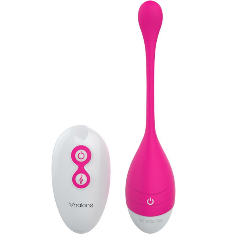 Rosa Vibrator mit weißer Basis und Fernbedienung. Die Fernbedienung ist weiß mit rosa Knöpfen. Das Produkt hat das Logo Nalone.