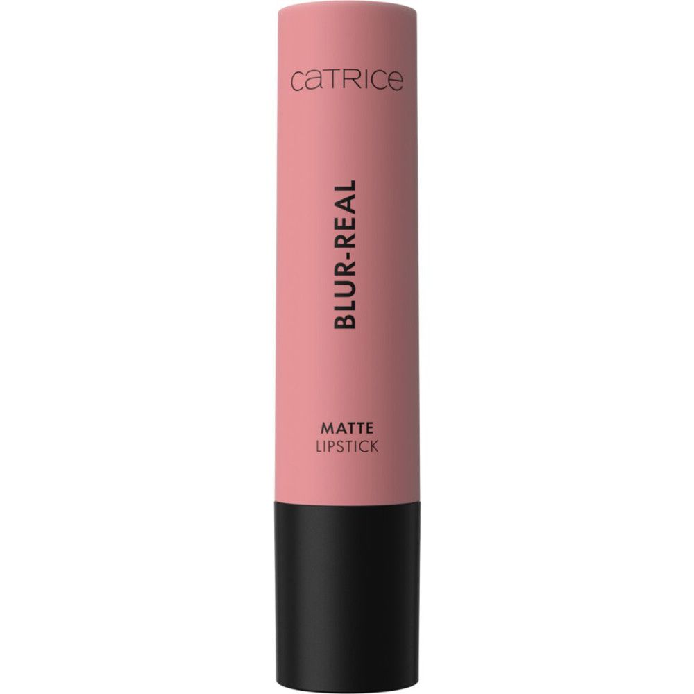 Catrice Blur-Real Matt Lippenstift. Rosa Hülse mit schwarzem Boden. Text: Blur-Real, Matte Lipstick.