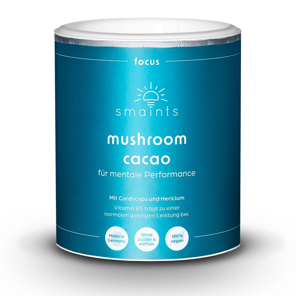 Blaue Dose mit smaints Mushroom Cacao. Text: für mentale Performance. Mit Cordyceps und Hericium.