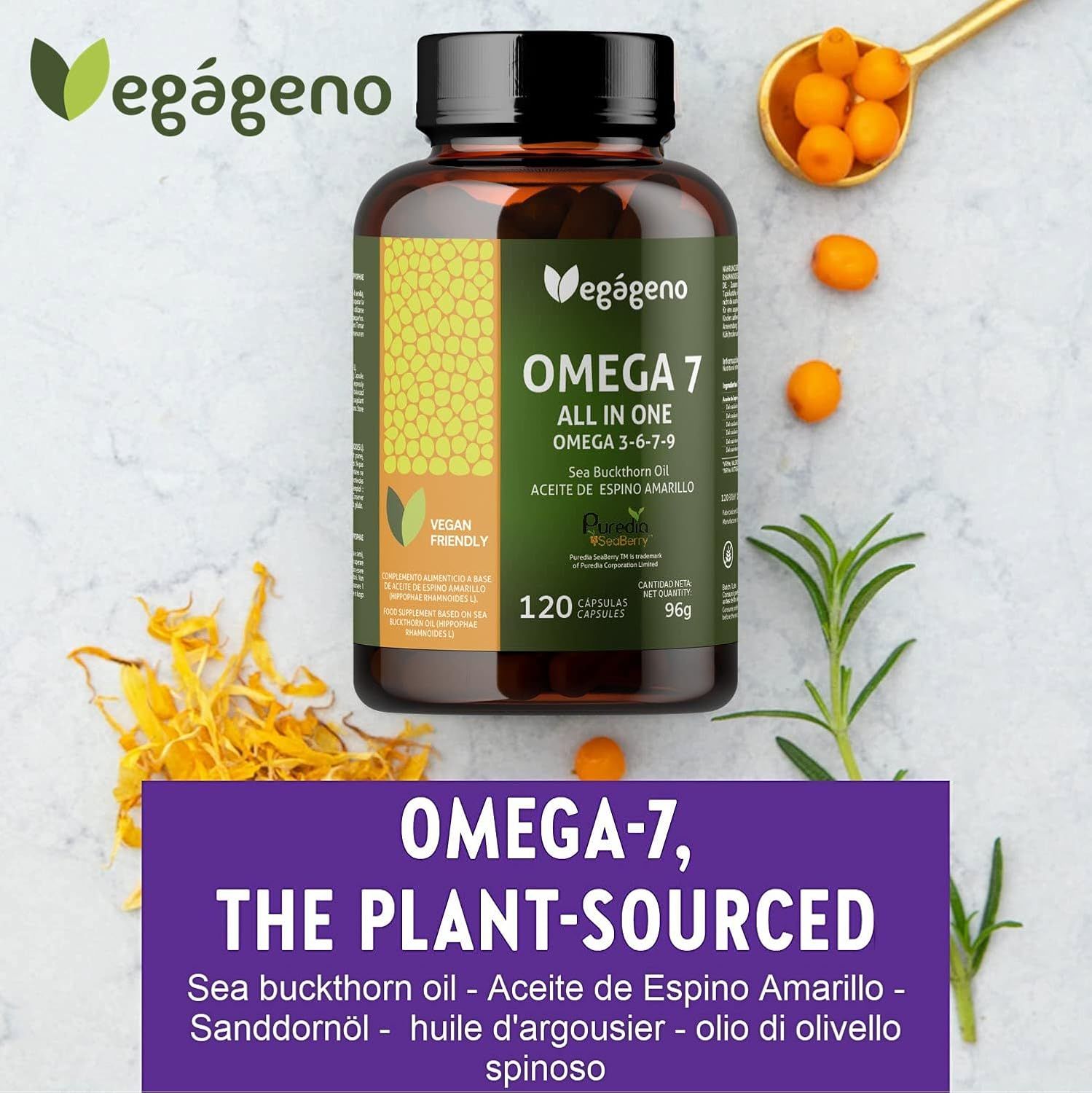 Vegagenu Omega 7 Flasche mit Meeresdornbeeren und Text 'The Plant-Sourced'.