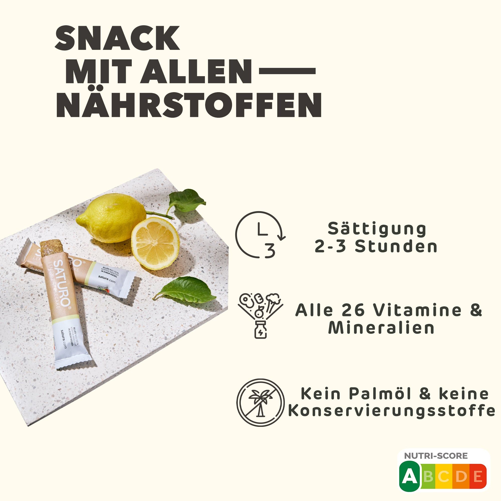 Saturo Energieriegel neben Zitrone und Blättern. Text: Alle 26 Vitamine & Mineralstoffe, kein Palmöl.