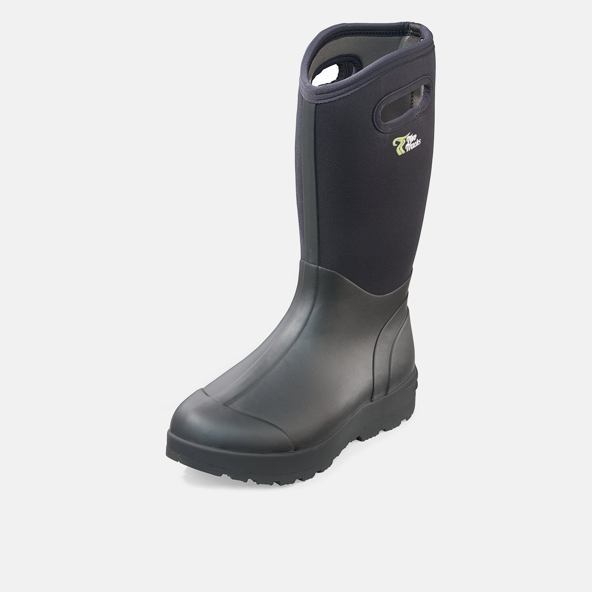 Schwarzer Stiefel, breite Passform. Gummi- und Neoprenmaterial. Griff oben. Logo auf der Seite.