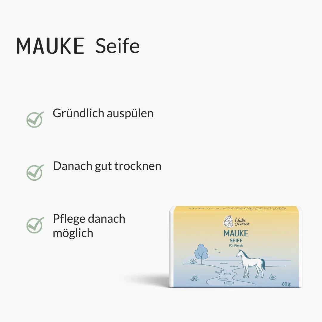 Rechteckige Seife mit Text: Mauke Seife. Text: Gründlich ausspülen, Danach gut trocknen, Pflege danach möglich.