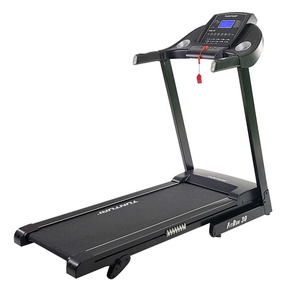 Schwarzes Laufband mit digitalem Display. Marke Tunturi, Modell FitRun 30. Mit Armlehnen und Not-Aus-Schalter.