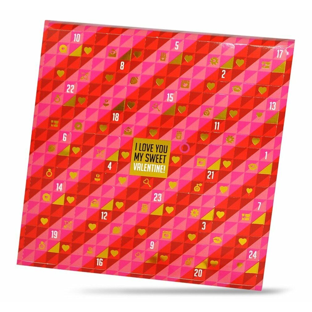 Adventskalender mit 24 Türchen. Rotes und rosa geometrisches Muster mit goldenen Zahlen und Symbolen. Text: I LOVE YOU MY SWEET VALENTINE!