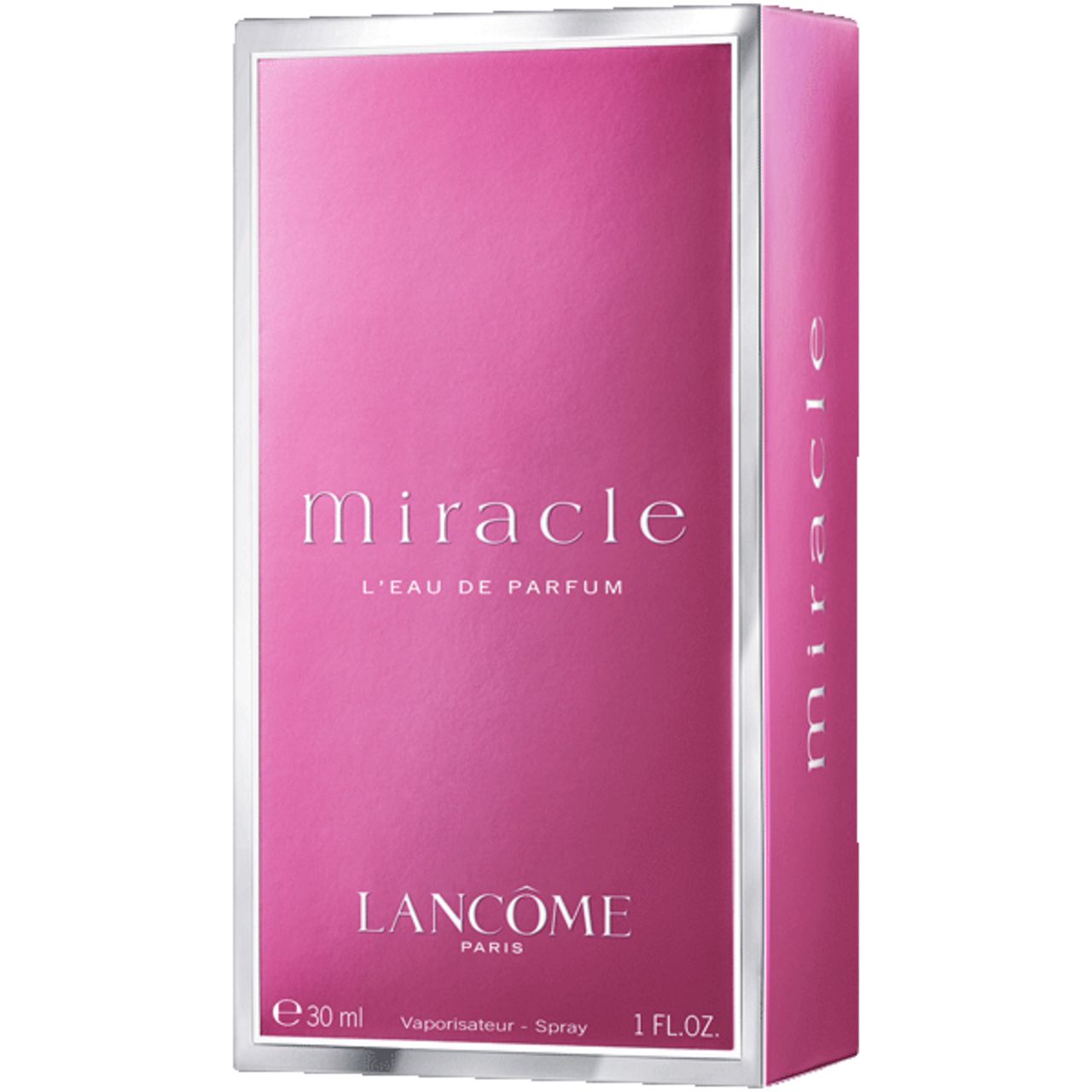 LANCÔME Miracle Verpackung, rosa, silberner Rahmen. Schriftzug: Miracle, L'EAU DE PARFUM, e 30 ml, 1 FL.OZ.