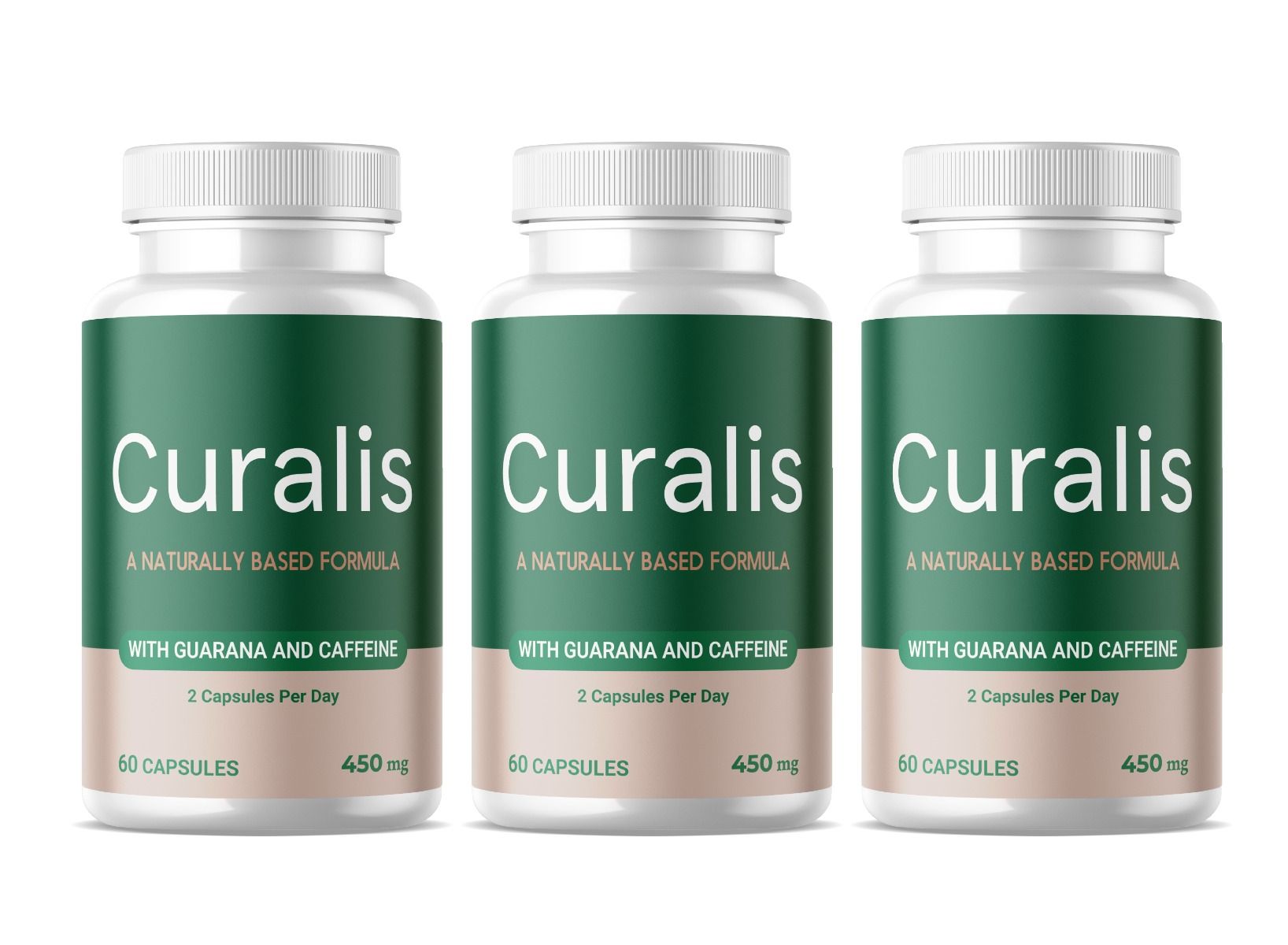 Drei weiße Flaschen mit grünem Etikett. Aufschrift Curalis, Formel auf natürlicher Basis, mit Guarana und Koffein. 60 Kapseln, 450 mg.