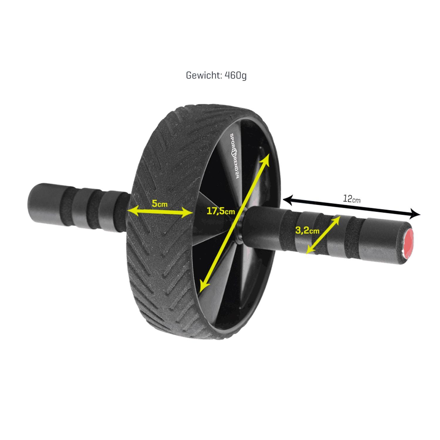 Ab Roller mit Maßen. Rad: 17,5cm Durchmesser, 5cm breit. Griffe: 12cm lang, 3,2cm Durchmesser. Gewicht: 460g.