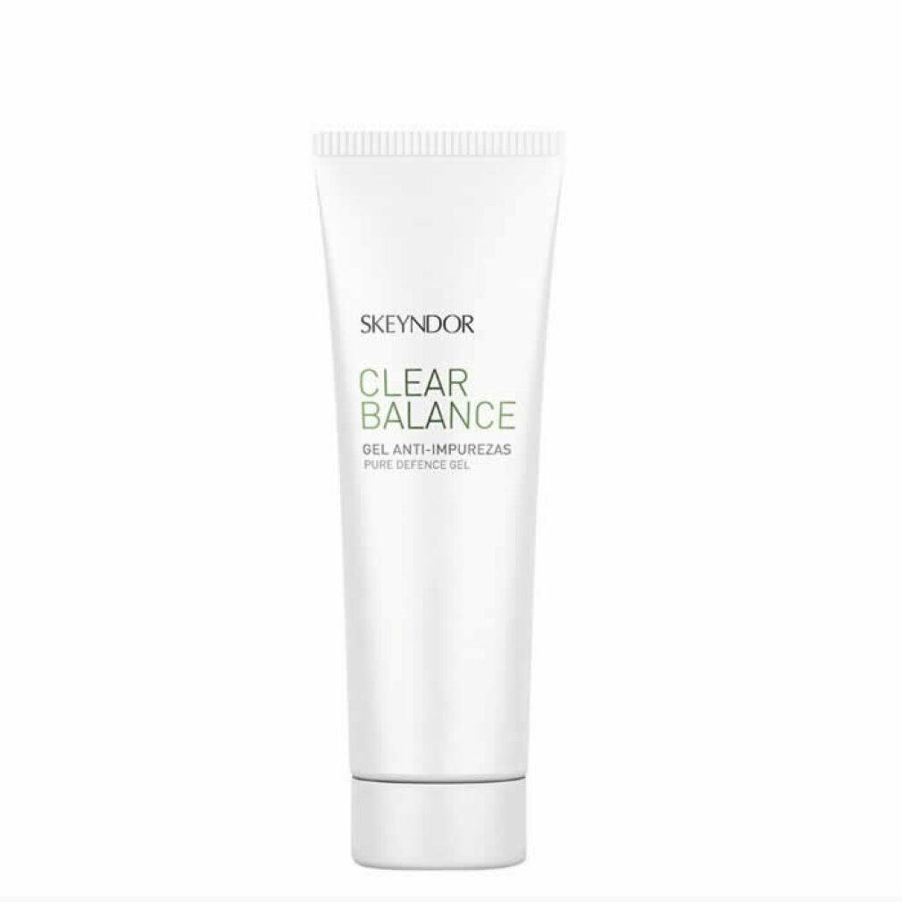 Weiße Tube mit grünem Aufdruck: Skeyndor, Clear Balance, Gel Anti-Impurezas, Pure Defence Gel.