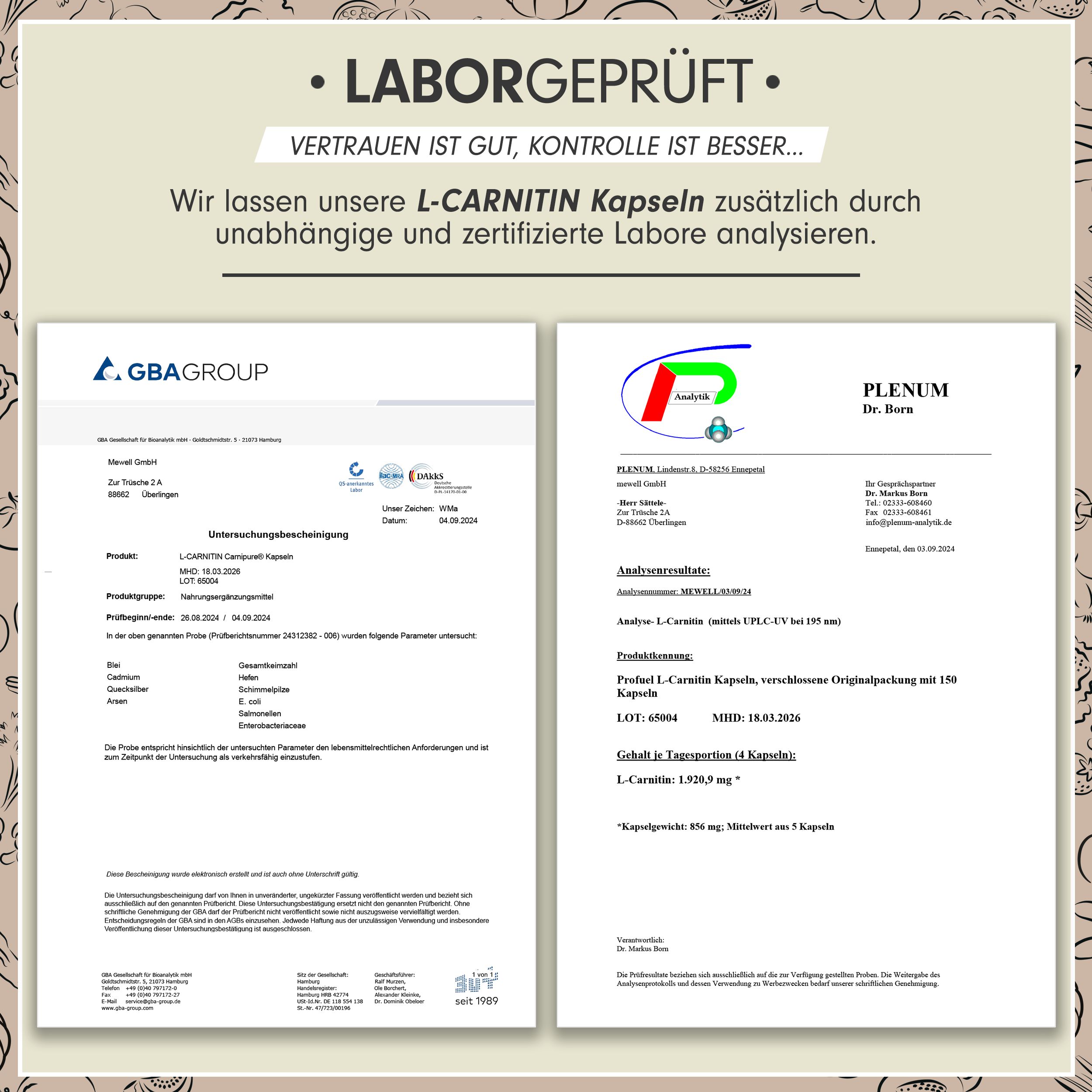 Zwei Laborberichte. Links: GBA Group. Rechts: Plenum Dr. Horn. Text: L-Carnitin Kapseln, Analyse, Untersuchungsergebnisse.