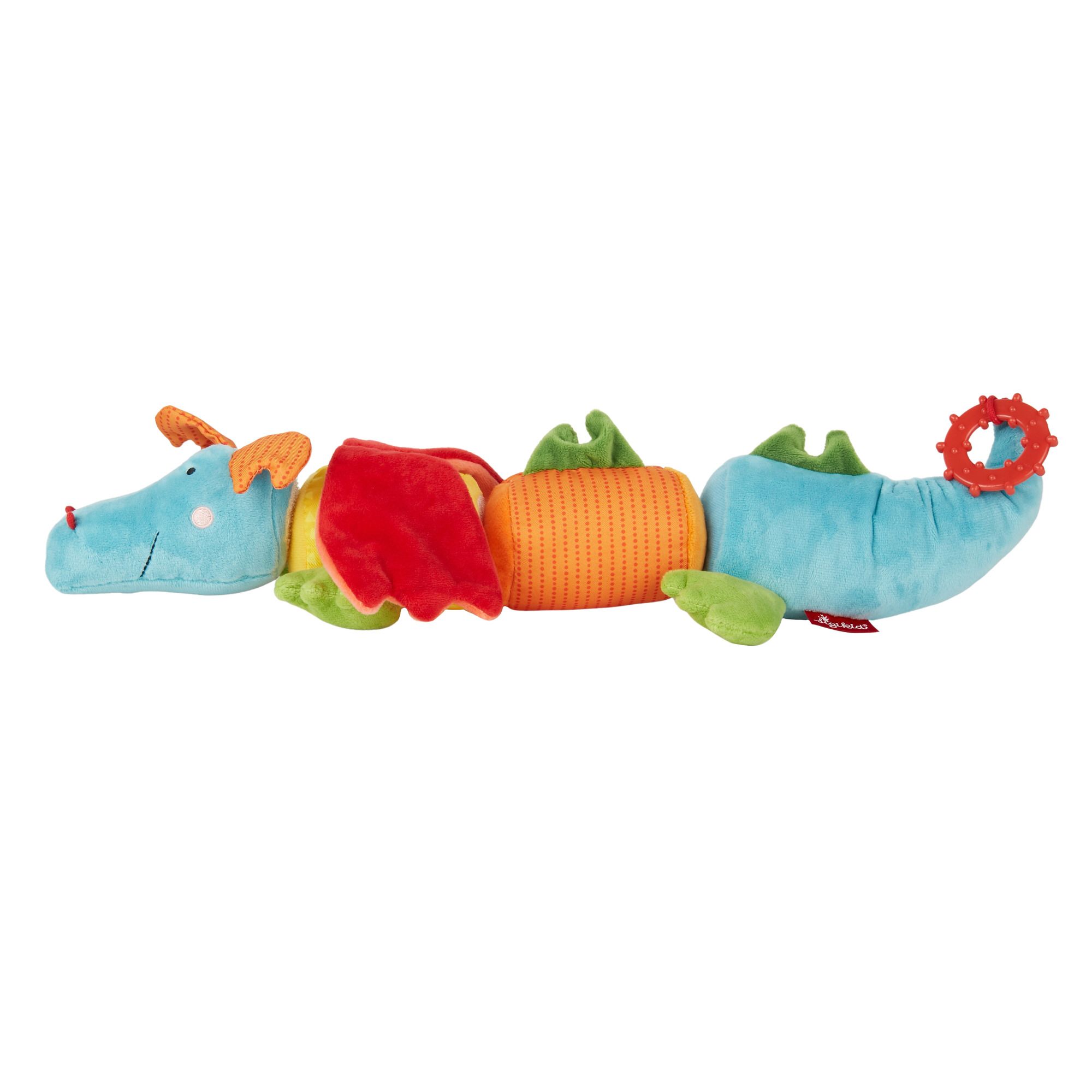 Blauer, grüner, roter und orangefarbener Stoffdrache. Verschiedene Segmente, roter Ring am Schwanz. Label 'sigikid'.