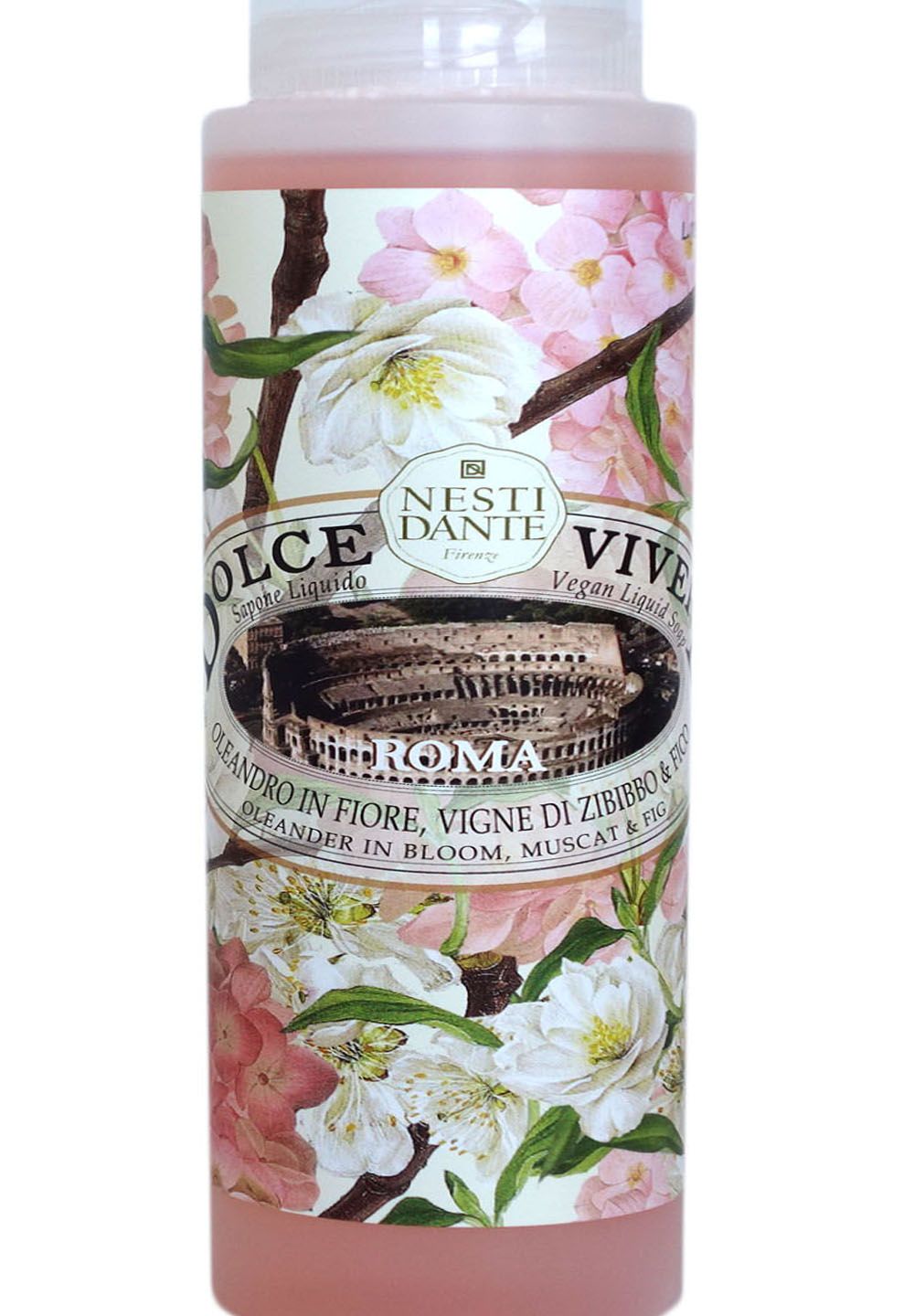 Zylindrische Flasche mit floralem Design und Text. Aufschrift: Dolce, Nesti Dante, Roma. Rosa Flüssigkeit sichtbar.