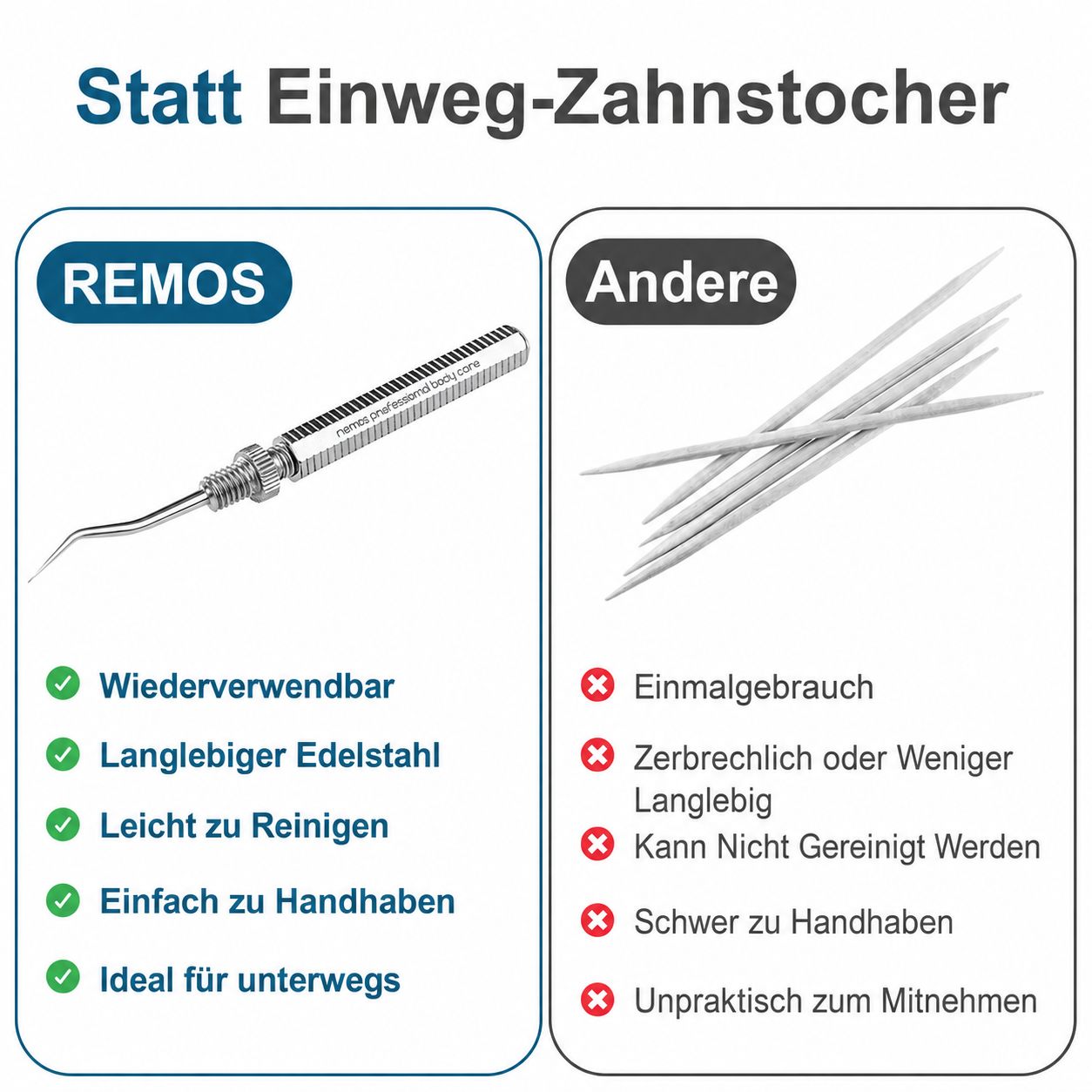 REMOS Edelstahl-Zahnstocher: Wiederverwendbar, langlebig, leicht zu reinigen.