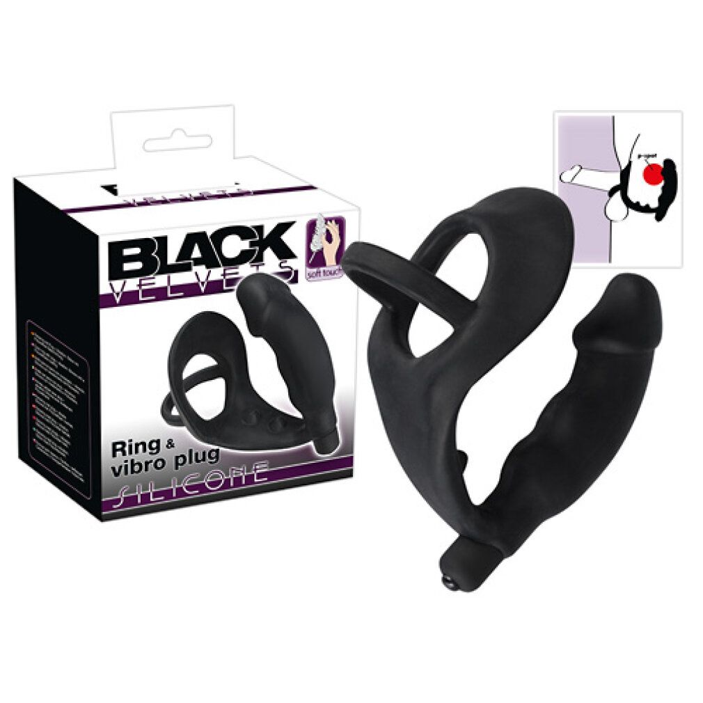 Produktverpackung mit schwarzem Penis-/Hodenring und Analplug. Marke: Black Velvets. Mit Illustration.