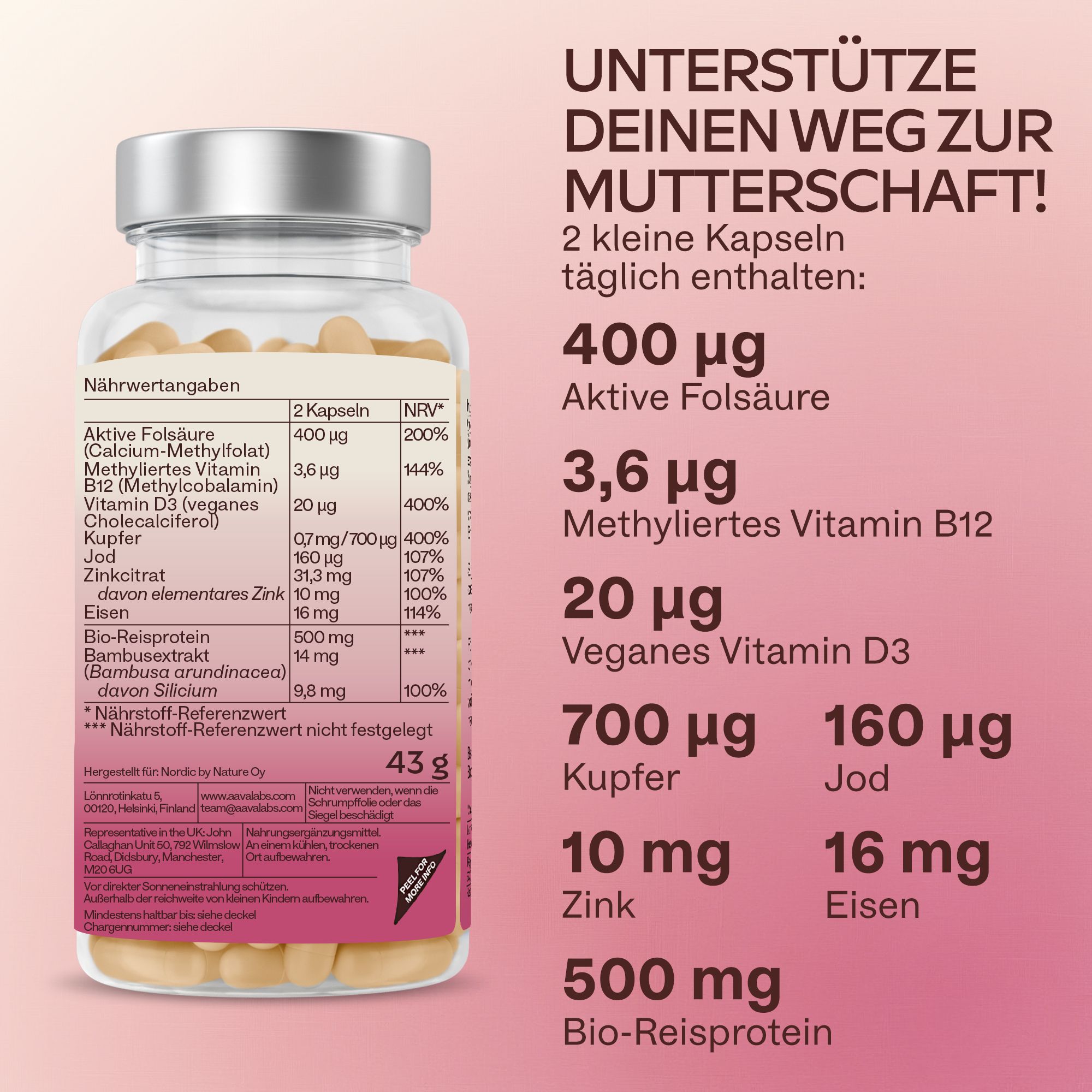 Aavalabs Folsäure-Kapseln. Kapseln in einer Schale. Vegan, ohne Gluten, ohne Konservierungsstoffe.