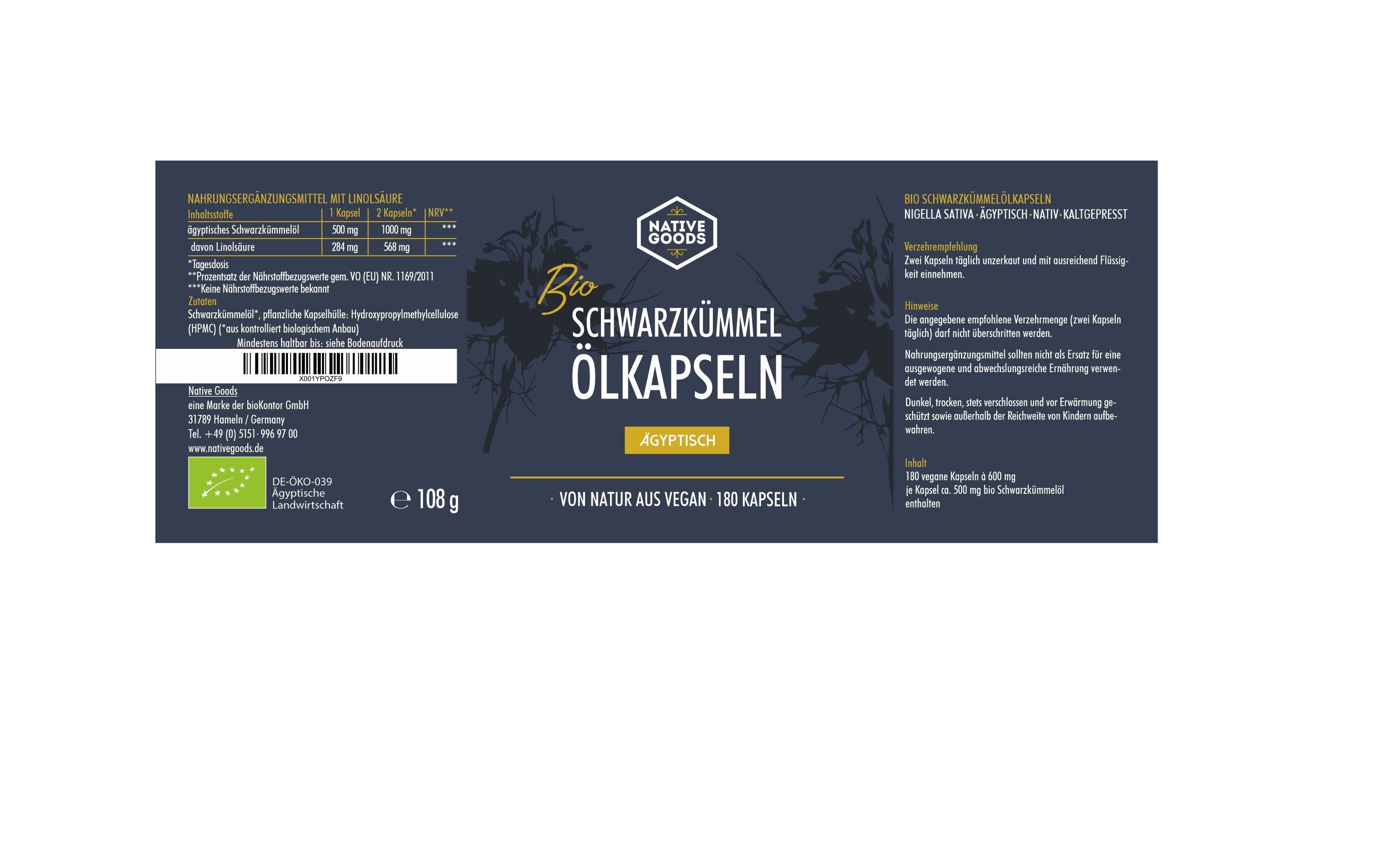 Etikett mit Text: "Native Goods Bio Schwarzkümmel Öl Kapseln". Enthält Informationen zu Inhaltsstoffen, Hersteller und Bio-Zertifizierung.