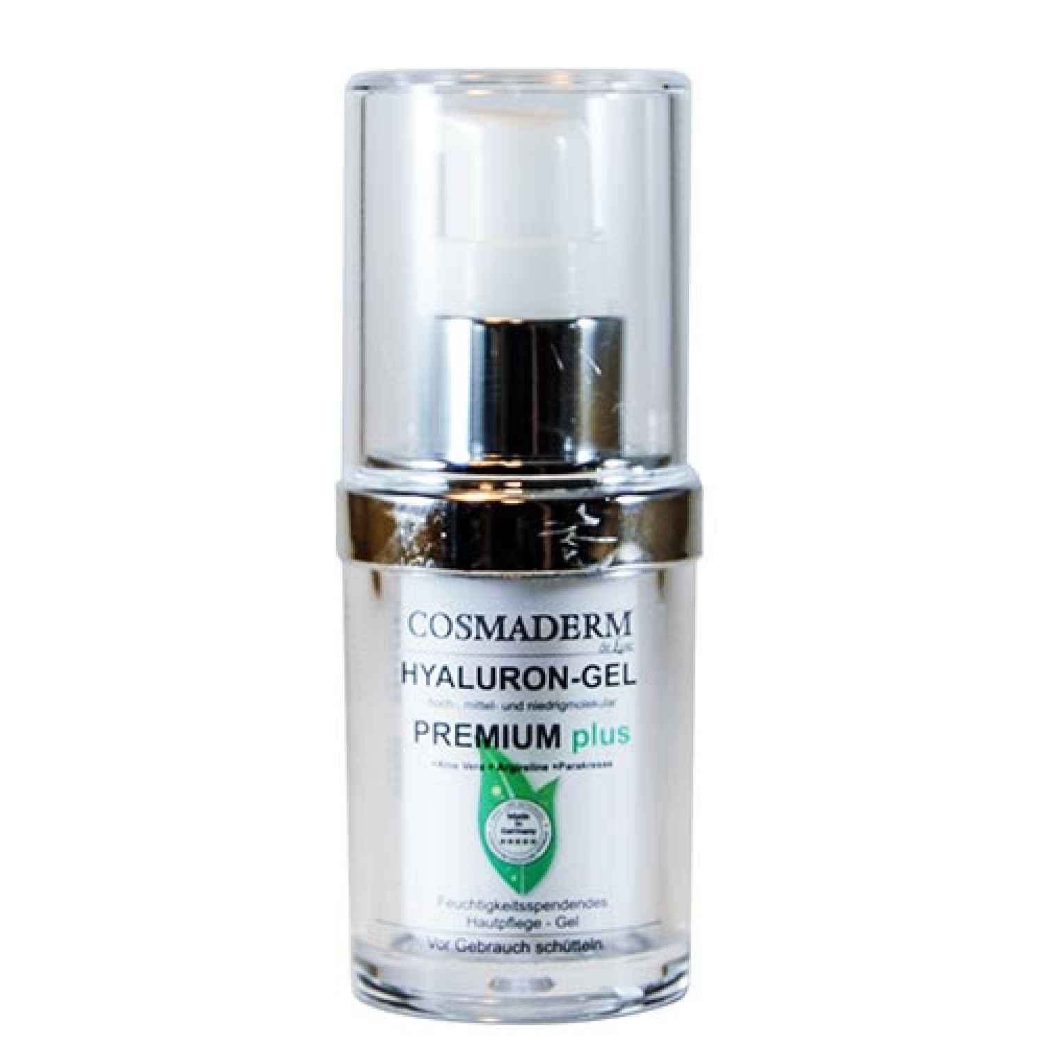 Transparente Flasche mit silbernem Deckel. Beschriftung: COSMADERM Hyaluron-Gel Premium plus. Grün-weißes Logo.