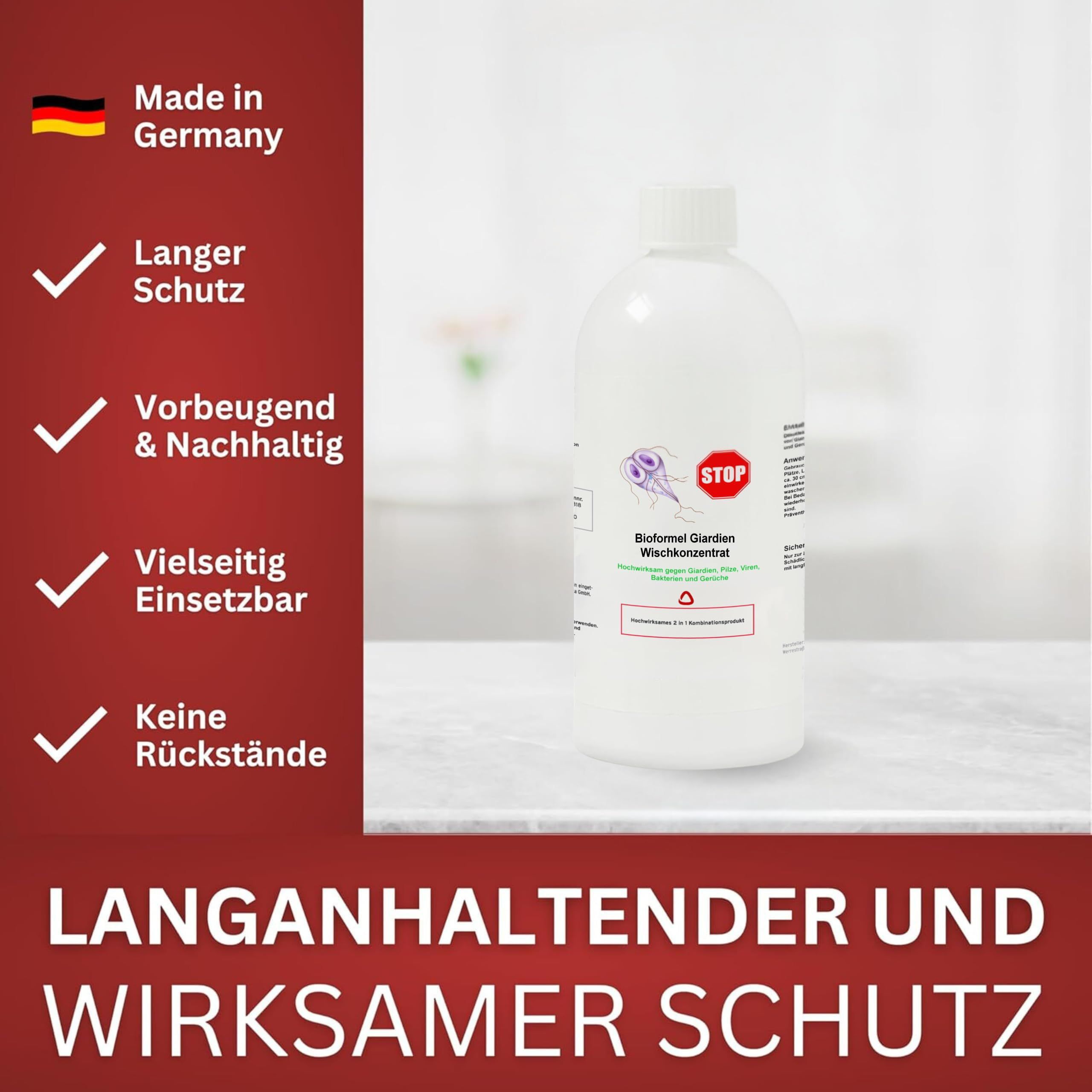 Weiße Flasche mit Etikett. Grafiken mit Text: Made in Germany, Langer Schutz, Vorbeugend & Nachhaltig, u.a. Roter Banner mit Text.