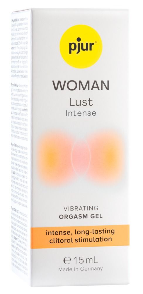Pjur Woman Lust Intense Vibrating Orgasmusgel. Verpackung. Text: intense, long-lasting clitoral stimulation. 15 ml. Hergestellt in Deutschland.