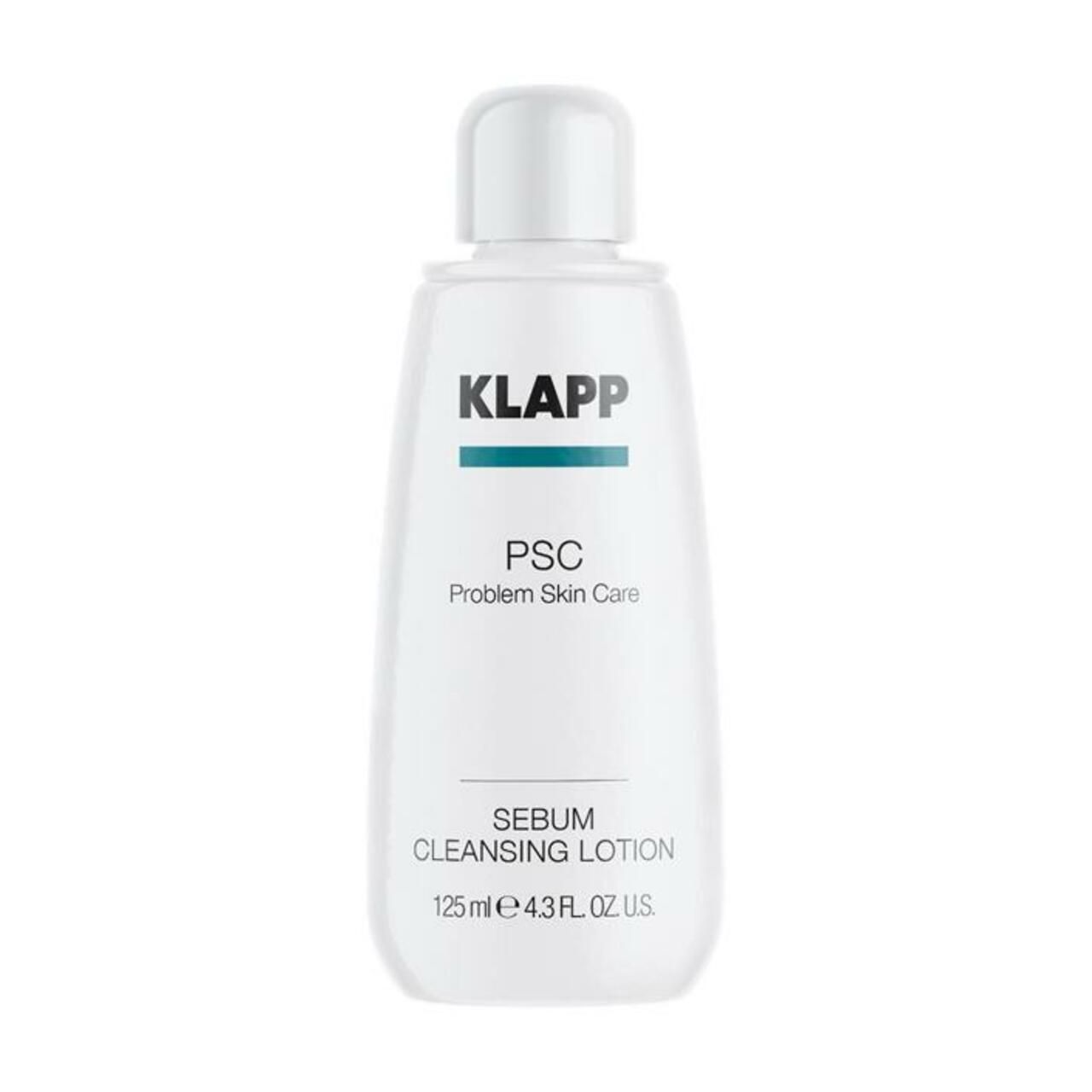 Weiße Flasche mit weißem Deckel. Oben steht "KLAPP". Darunter "PSC Problem Skin Care". Unten "Sebum Cleansing Lotion".