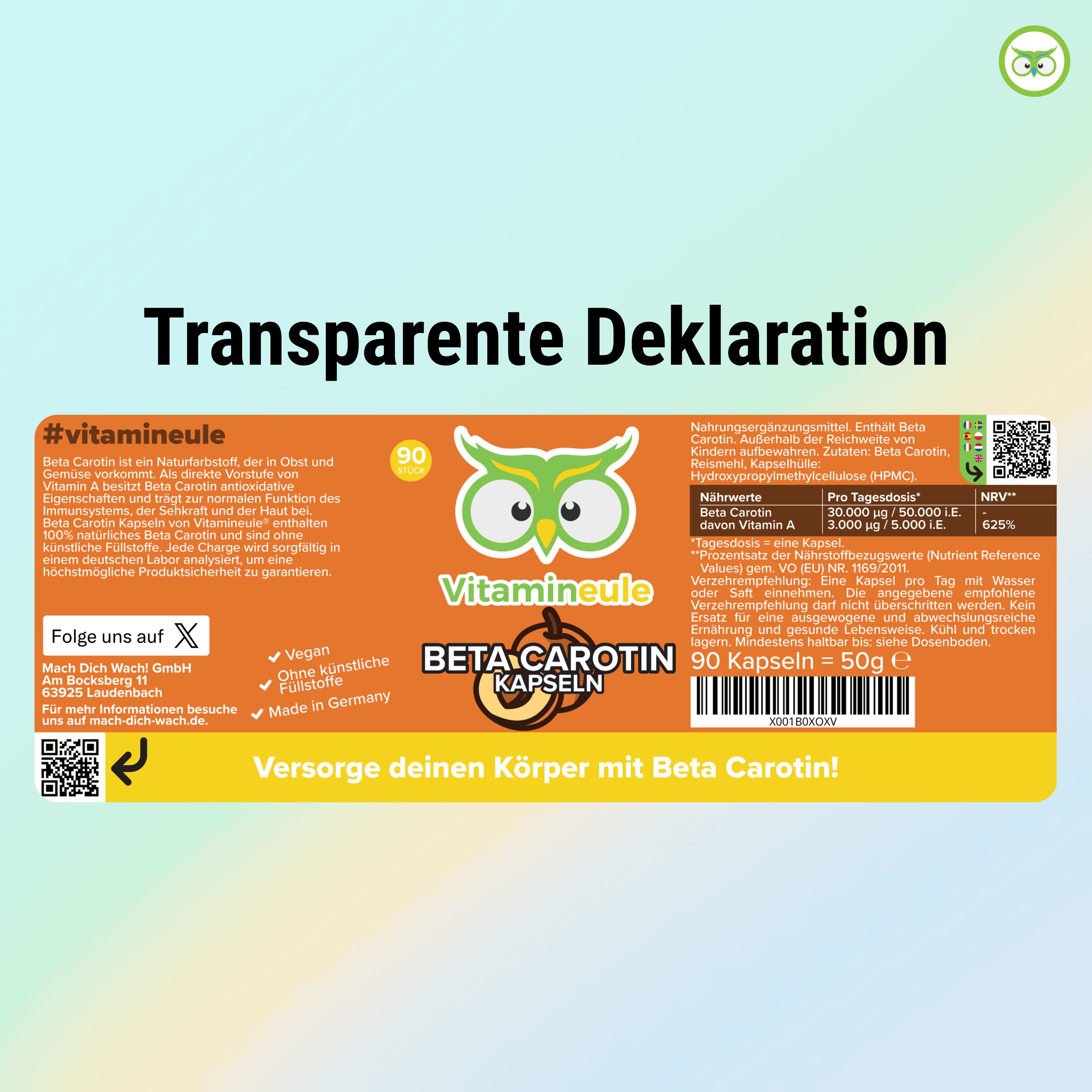 Orangefarbenes Etikett mit Produktinformationen. Vitamineule® Beta Carotin Kapseln. 90 Kapseln. Nährwertangaben. QR-Code.