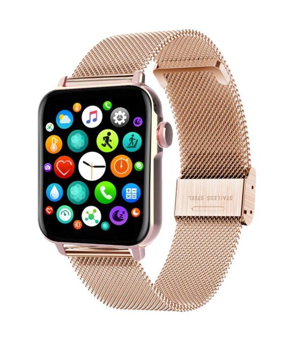 Roségoldene Smartwatch mit Mesh-Armband. Das Display zeigt App-Symbole. Auf dem Verschluss steht "STAINLESS STEEL".