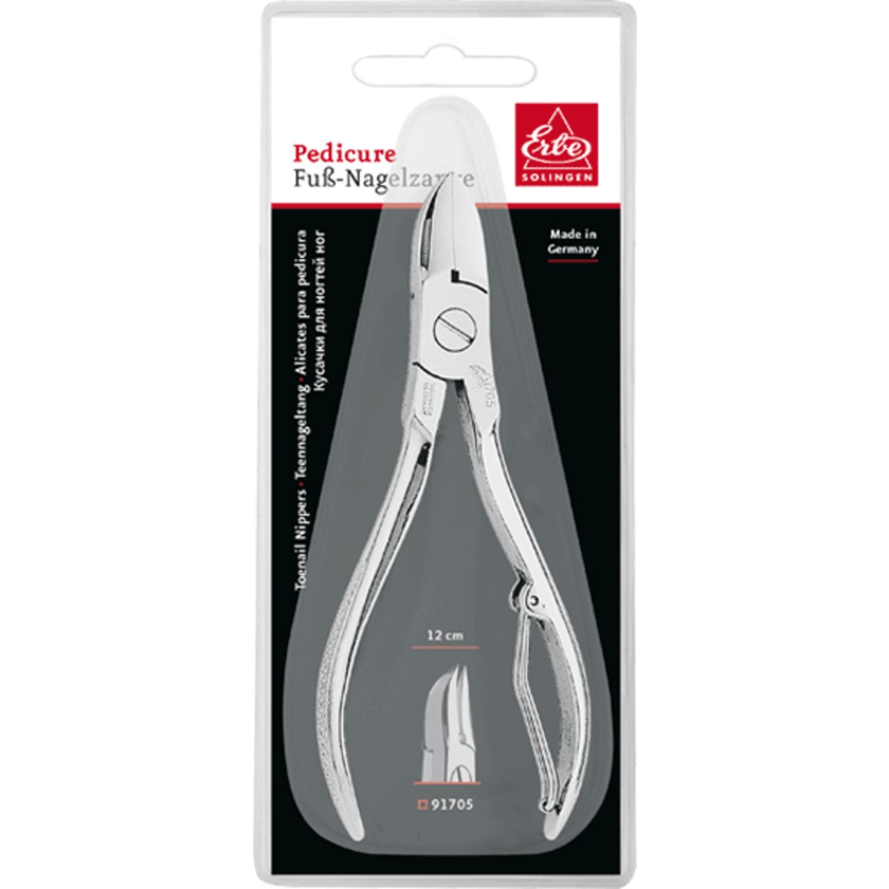 Nagelzange in Blisterverpackung. Silberfarben, mit gebogenen Griffen und Schneide. Marke Erbe. 12 cm.